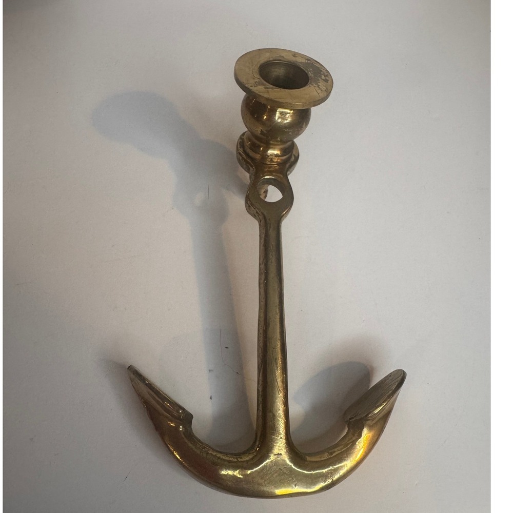 Vintage Solid Brass Anchor Taper Candle Holder Nautical Coastal Decor
